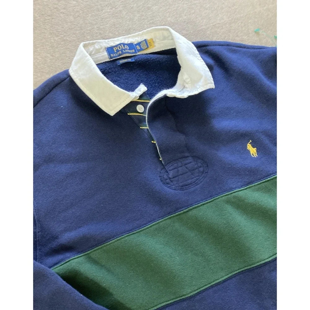 Polo Ralph Lauren Fleece Rugby Sweatshirt Sz XL‎ Blue Green Striped Polo Preppy